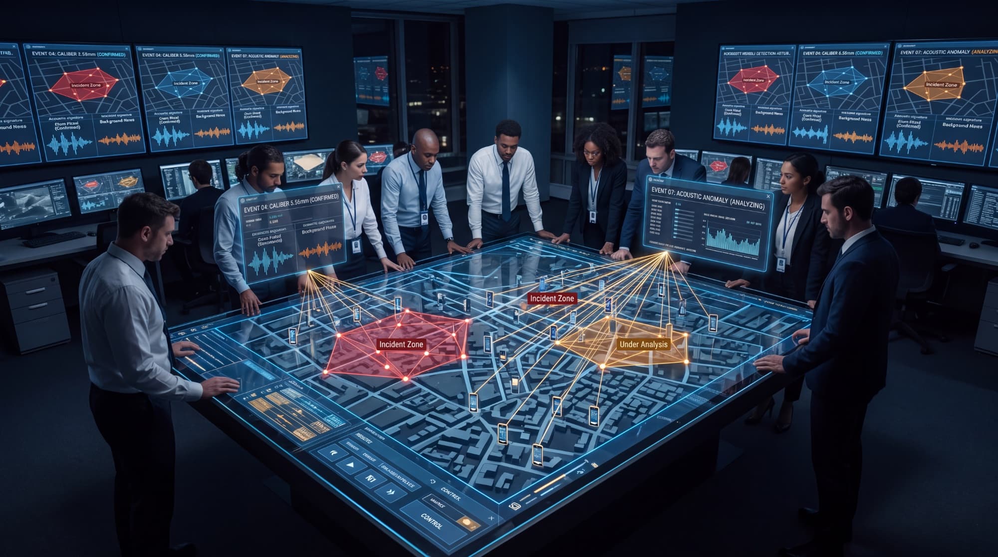 Roundsift command center: agency operators monitoring incident zones from a network operations screen.