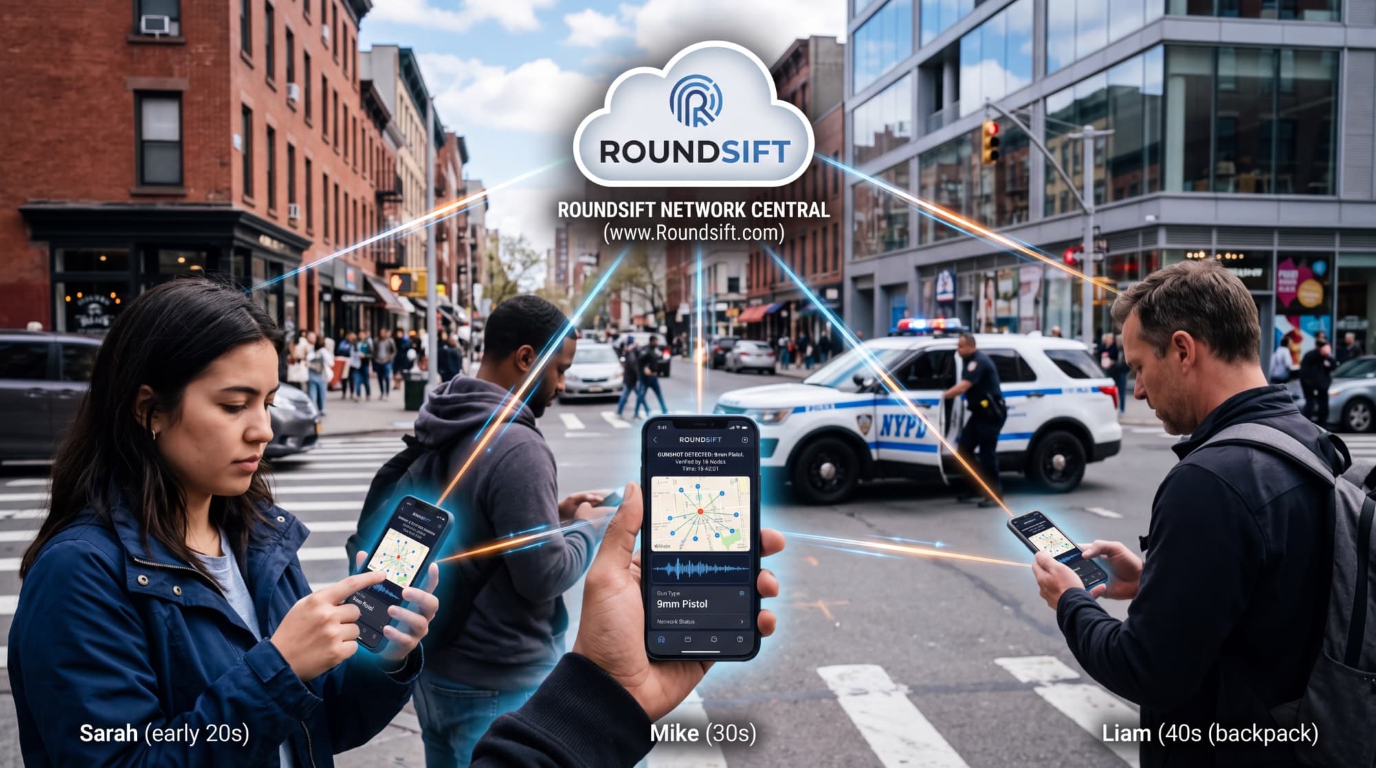 Street scene: multiple Roundsift phones connected to Network Central, police responding to a confirmed alert.